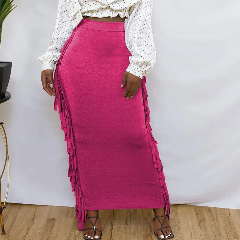 Solid High Waist Tassel Design Skirt