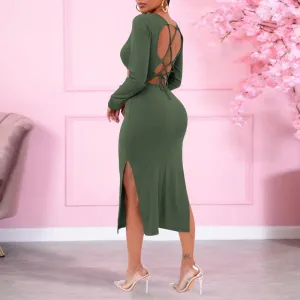 Solid Long Sleeve Cut Out Bandage High Slit Dress