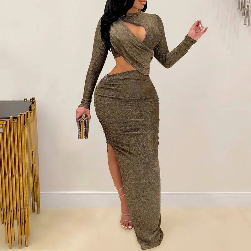 Solid Long Sleeve Cut Out High Slit Maxi Dress
