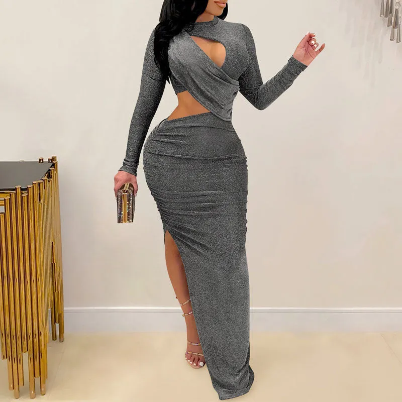 Solid Long Sleeve Cut Out High Slit Maxi Dress