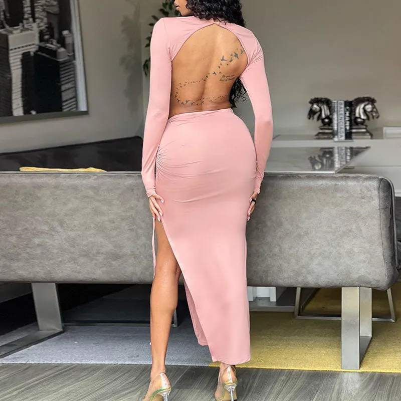 Solid Long Sleeve Cut Out High Slit Maxi Dress