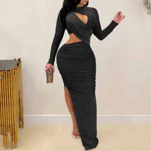 Solid Long Sleeve Cut Out High Slit Maxi Dress