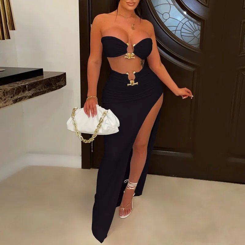 Solid Metal Ring Tube Top & High Slit Skirt Set