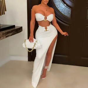Solid Metal Ring Tube Top & High Slit Skirt Set
