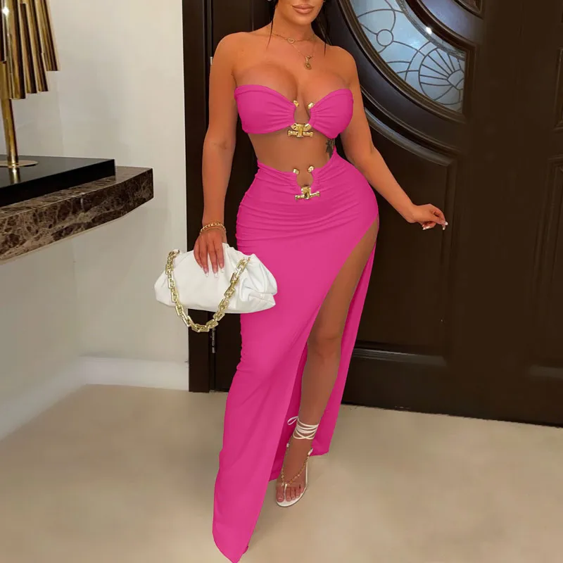 Solid Metal Ring Tube Top & High Slit Skirt Set