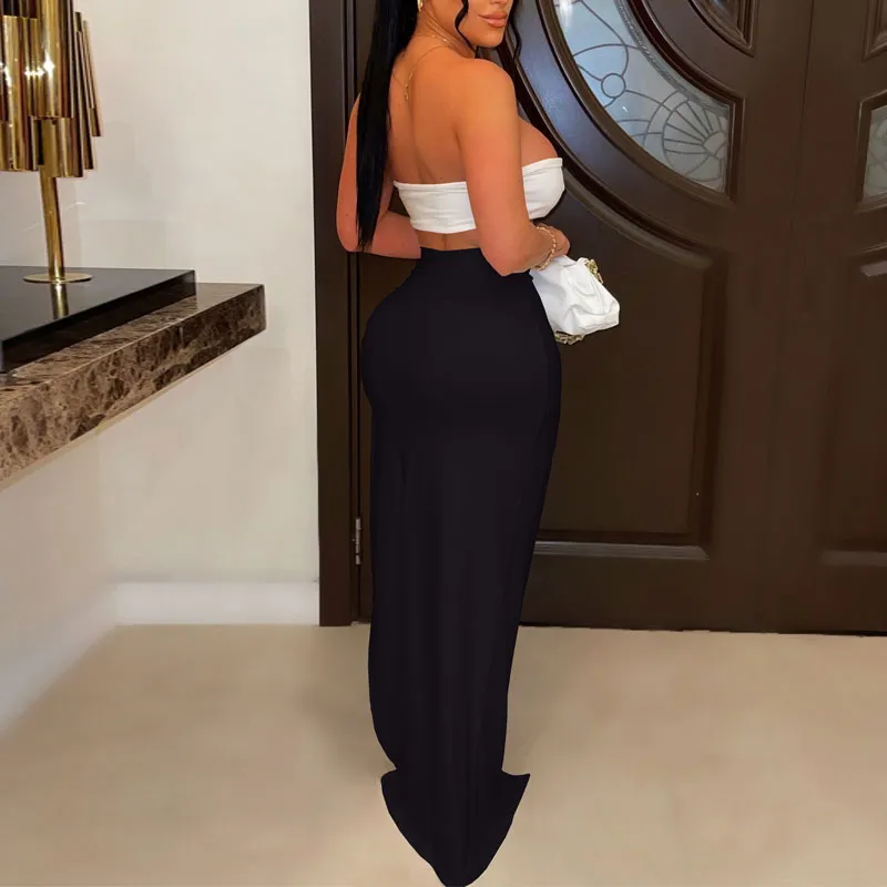 Solid Metal Ring Tube Top & High Slit Skirt Set