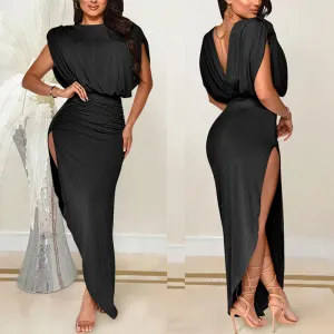 Solid Sleeveless High Slit Ruched Asymmetrical Dress