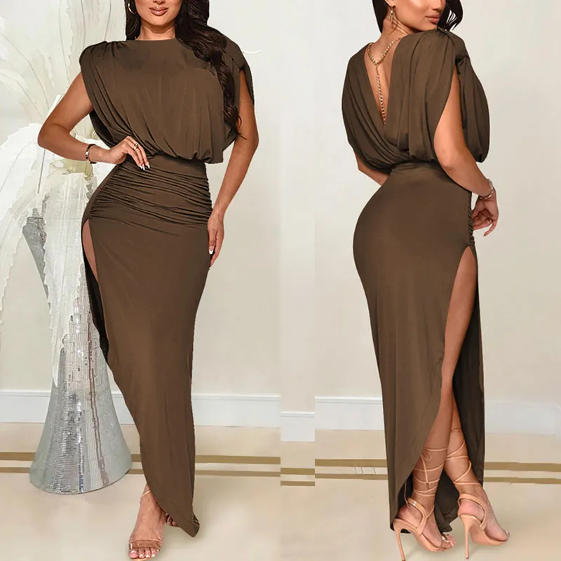 Solid Sleeveless High Slit Ruched Asymmetrical Dress