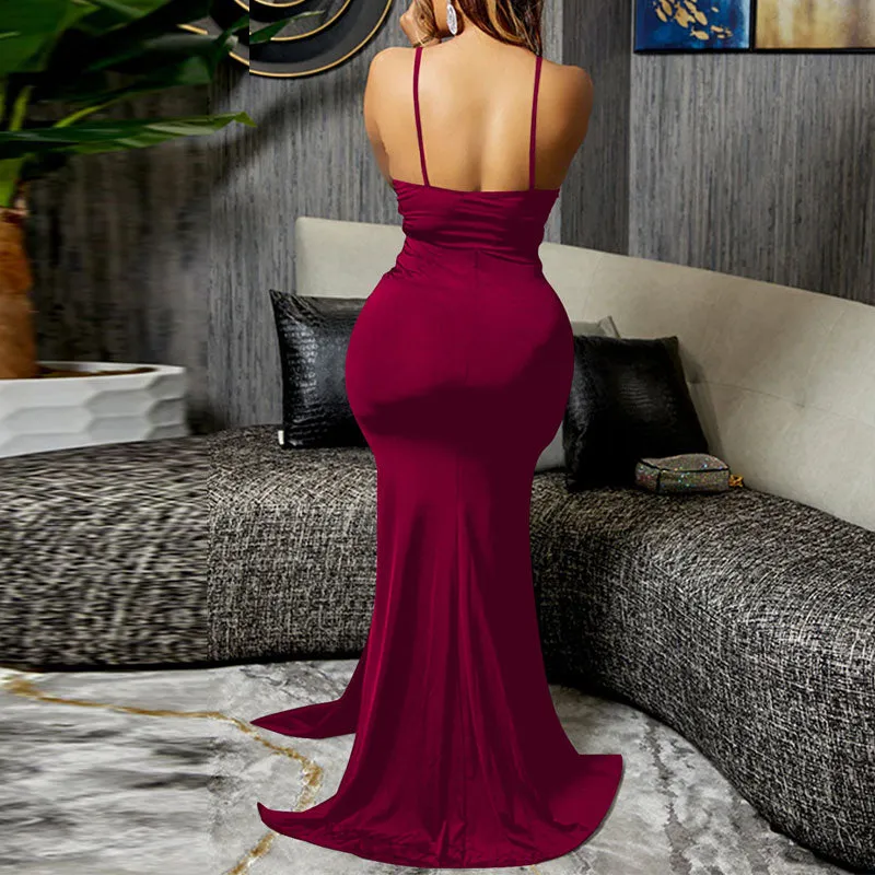 Solid Sleeveless Lace High Slit Irregular Maxi Dress