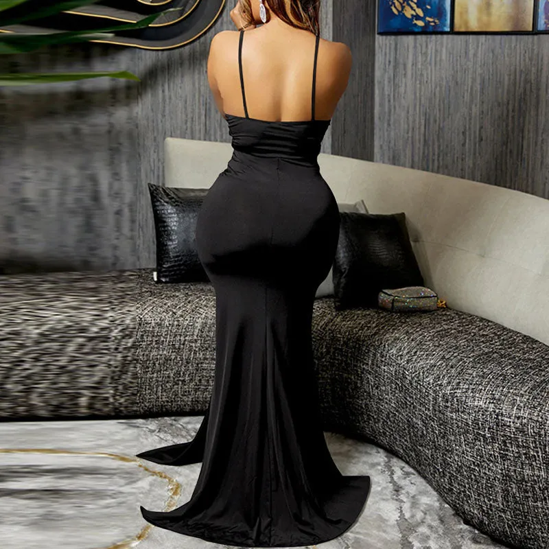 Solid Sleeveless Lace High Slit Irregular Maxi Dress
