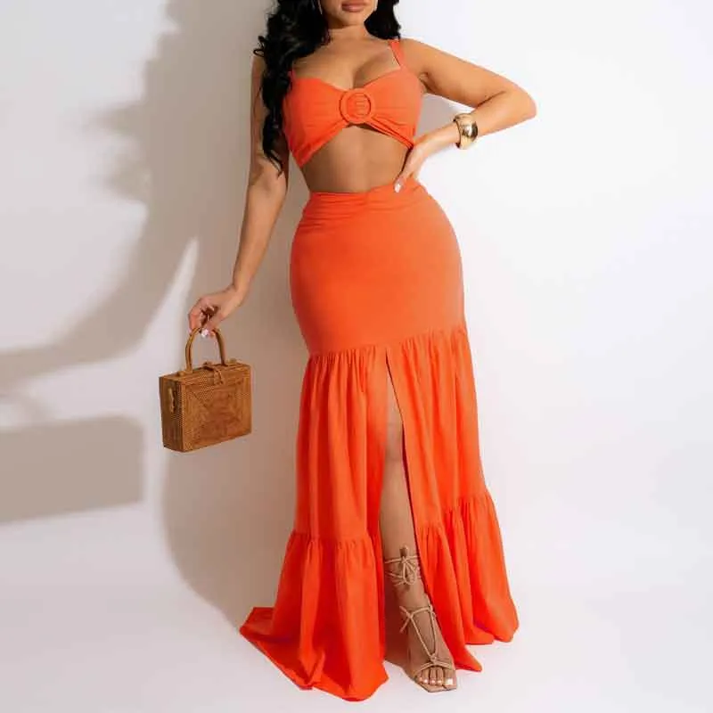 Solid Sleeveless Tube Top & Slit Skirt Set