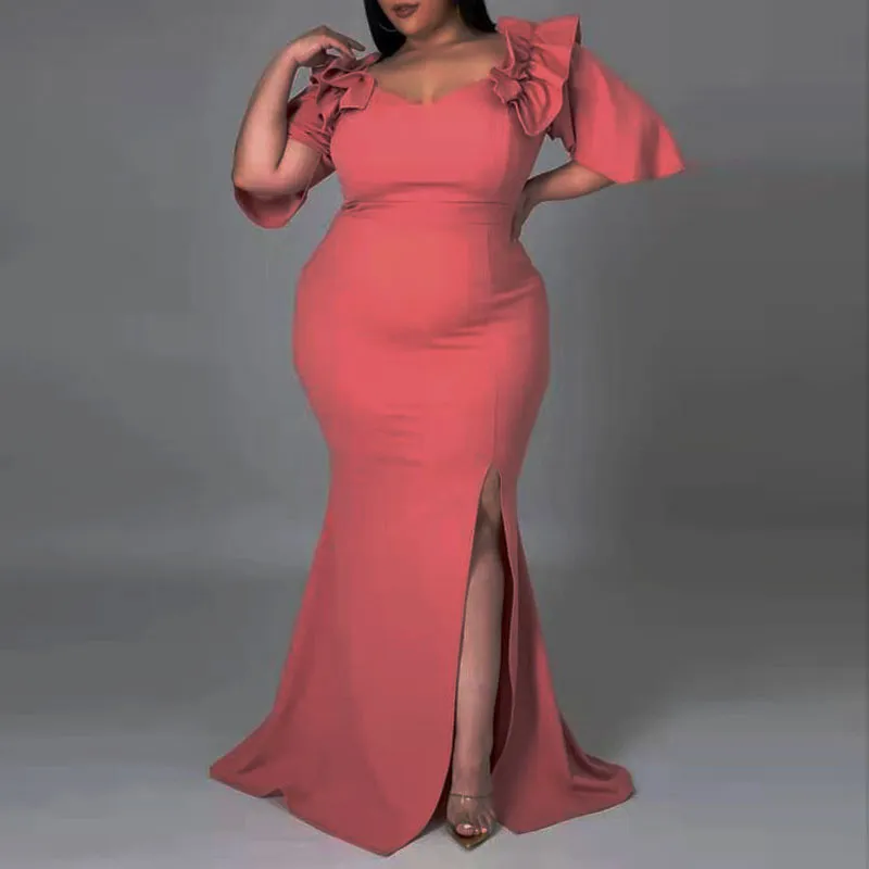 Solid V-Neck Ruffle Design High Slit Maxi Dress
