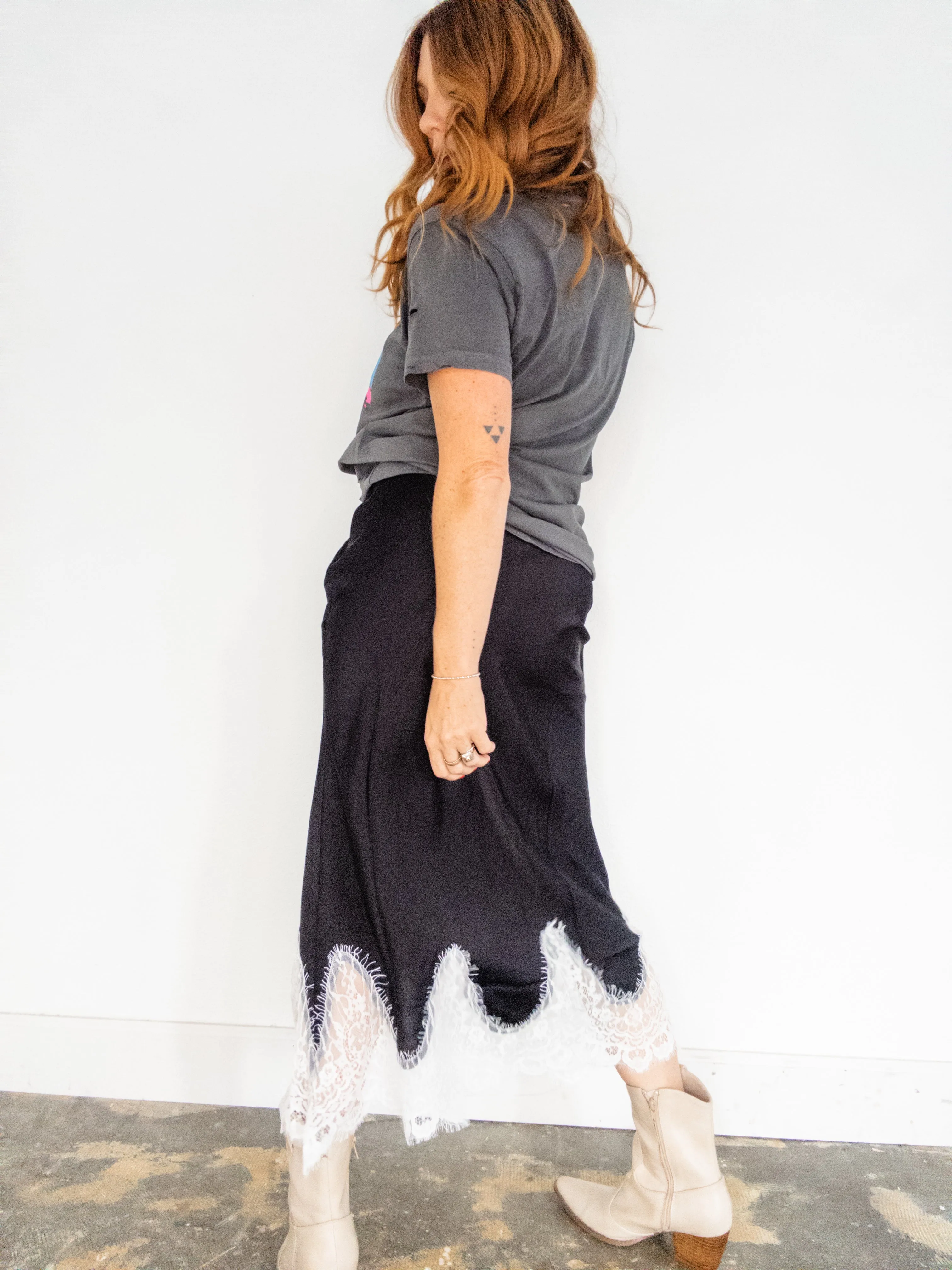 Somewhere Satin Lace Midi Skirt