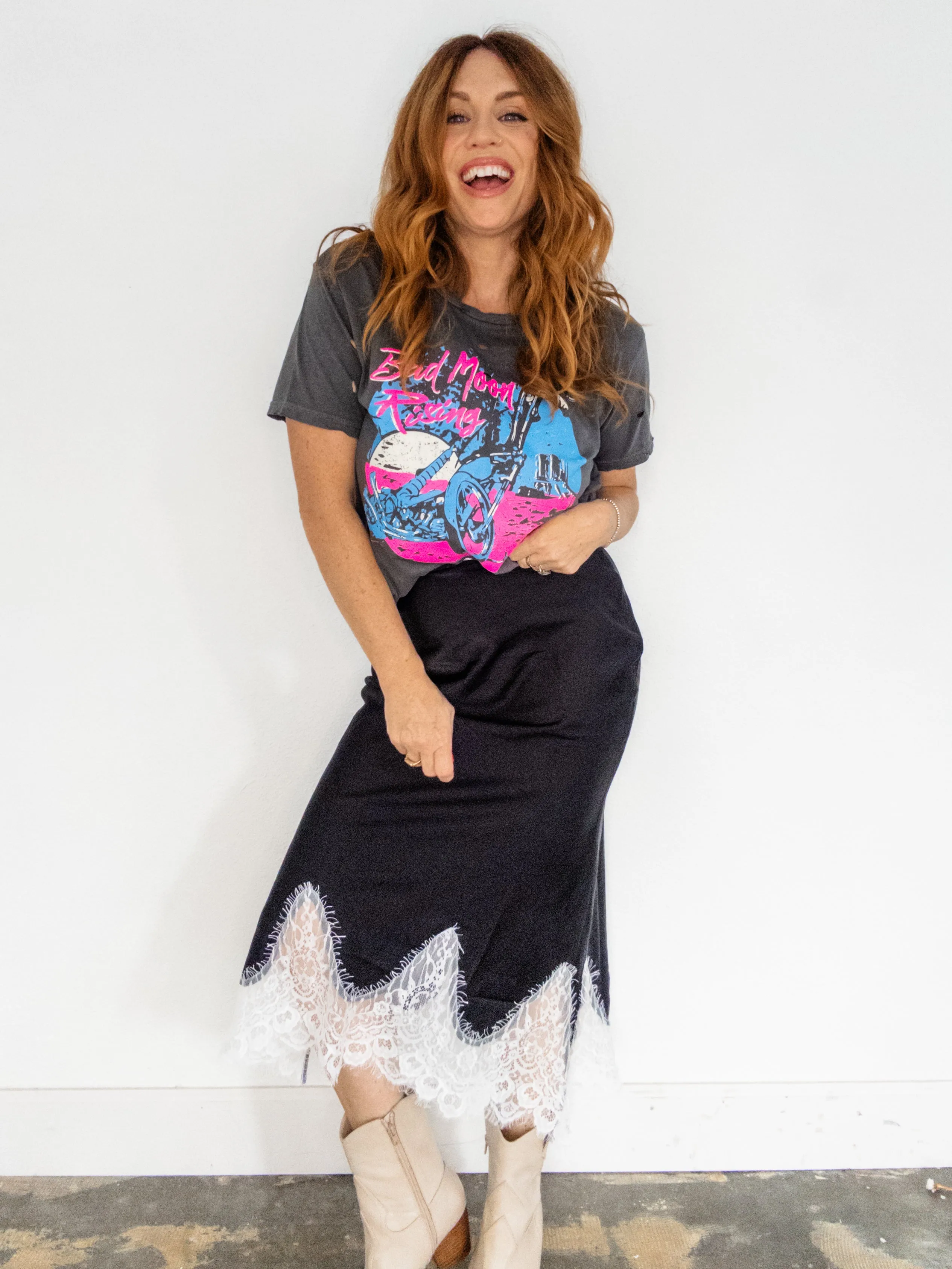 Somewhere Satin Lace Midi Skirt
