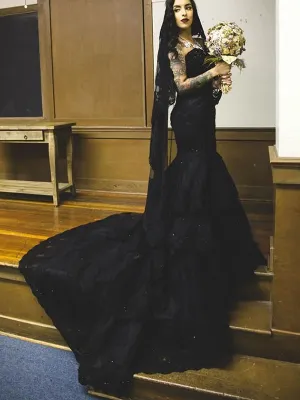 Strapless Trumpet/Mermaid Black Wedding Dress Unique Lace Appliques Bride Gown CA049