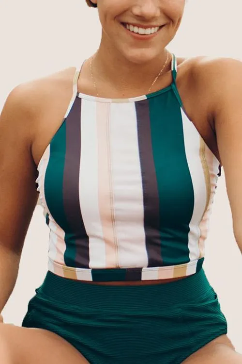 Stripe Lace Up High Waist Bikini Set