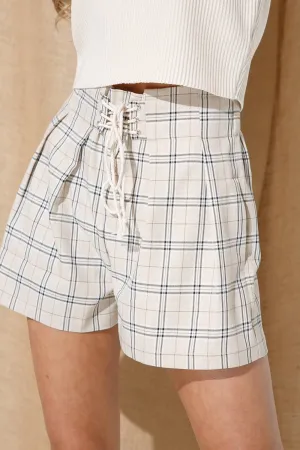 Stripe Lace Up High Waist Plaid Shorts With Pockets: Khaki