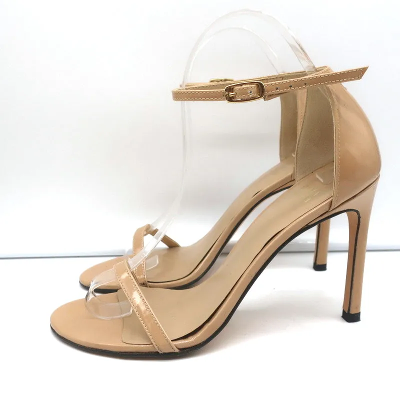 Stuart Weitzman Nudistsong Sandals Beige Patent Leather Size 7N Ankle Strap Heel