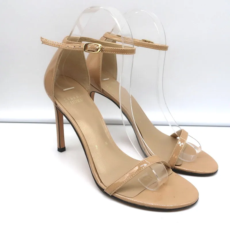Stuart Weitzman Nudistsong Sandals Beige Patent Leather Size 7N Ankle Strap Heel