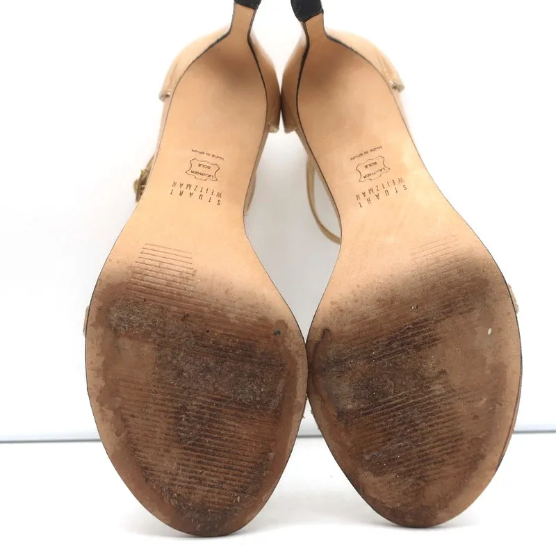 Stuart Weitzman Nudistsong Sandals Beige Patent Leather Size 7N Ankle Strap Heel