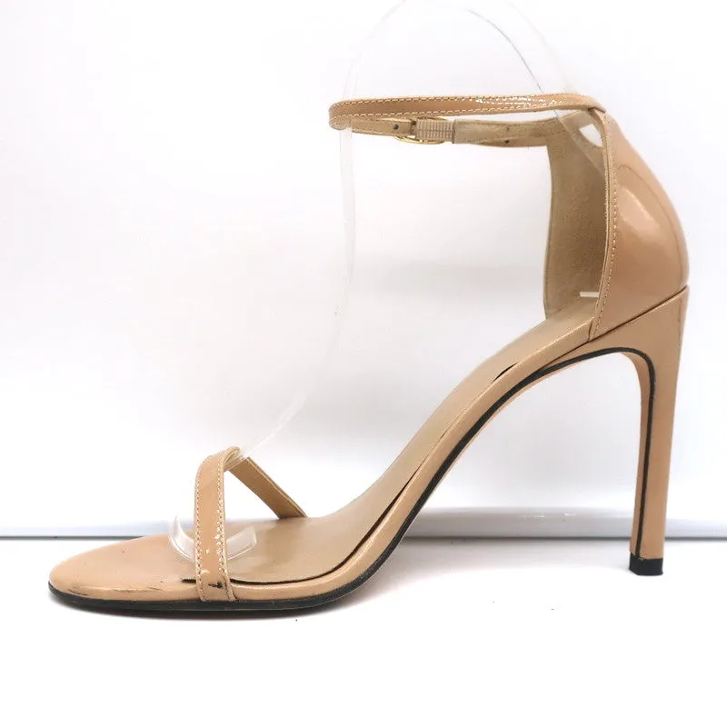 Stuart Weitzman Nudistsong Sandals Beige Patent Leather Size 7N Ankle Strap Heel