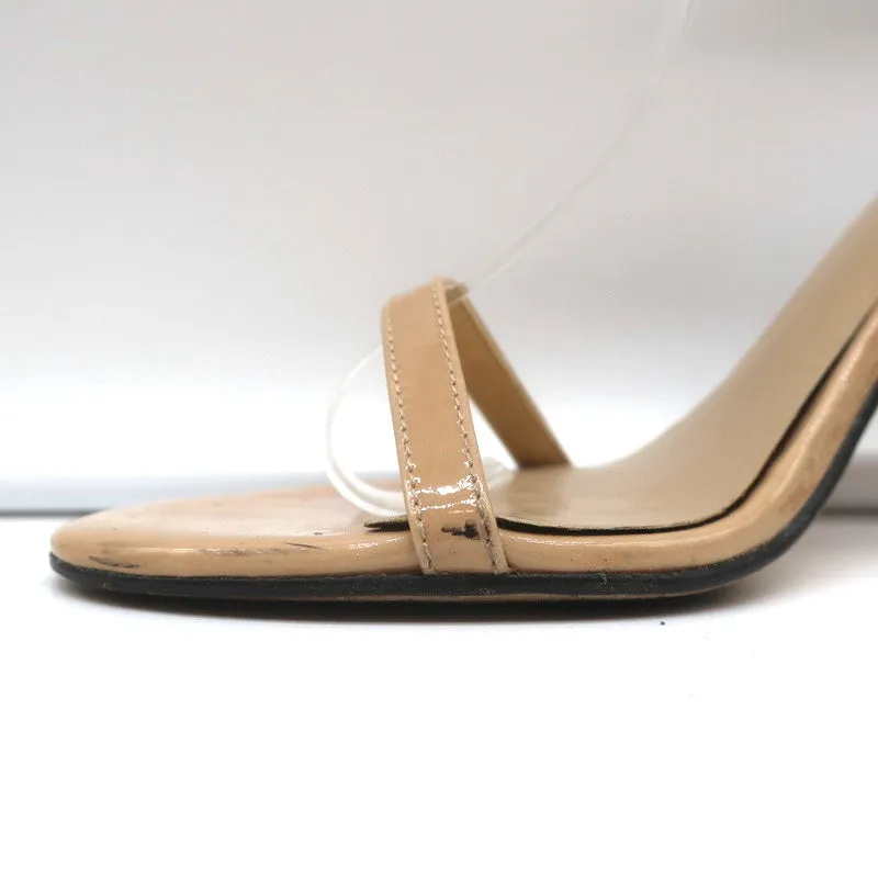 Stuart Weitzman Nudistsong Sandals Beige Patent Leather Size 7N Ankle Strap Heel