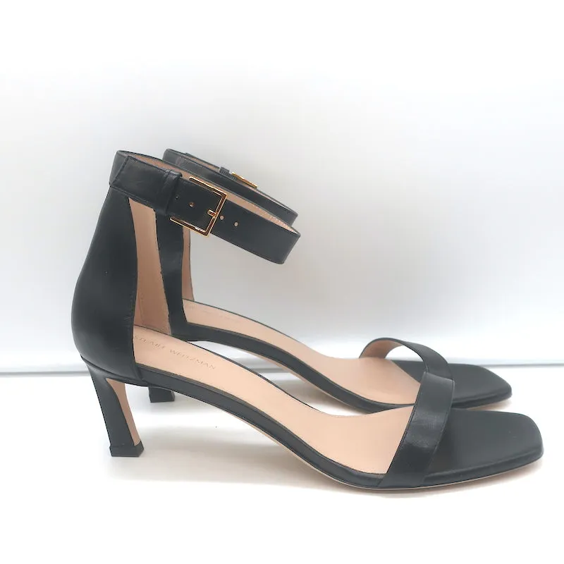 Stuart Weitzman Square Nudist Sandals Black Leather Size 9 Ankle Strap Heels NEW