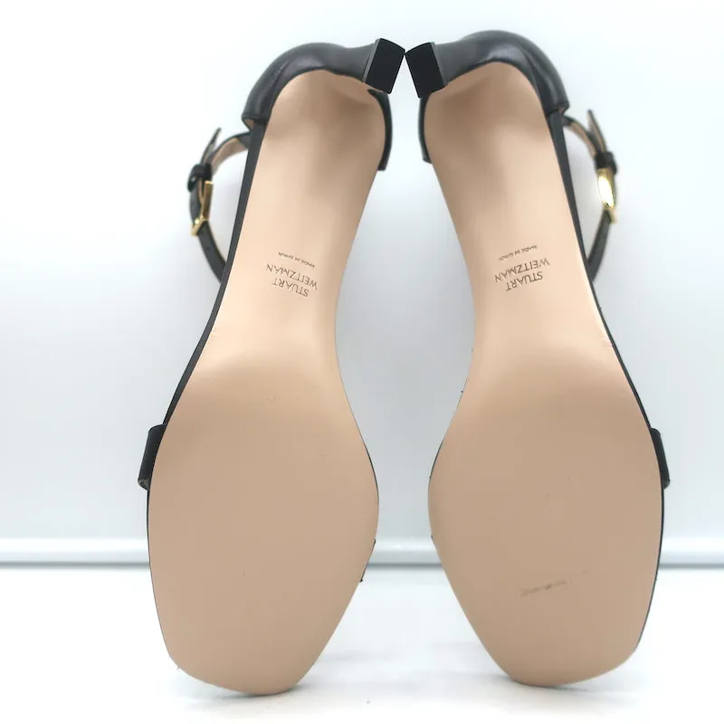 Stuart Weitzman Square Nudist Sandals Black Leather Size 9 Ankle Strap Heels NEW