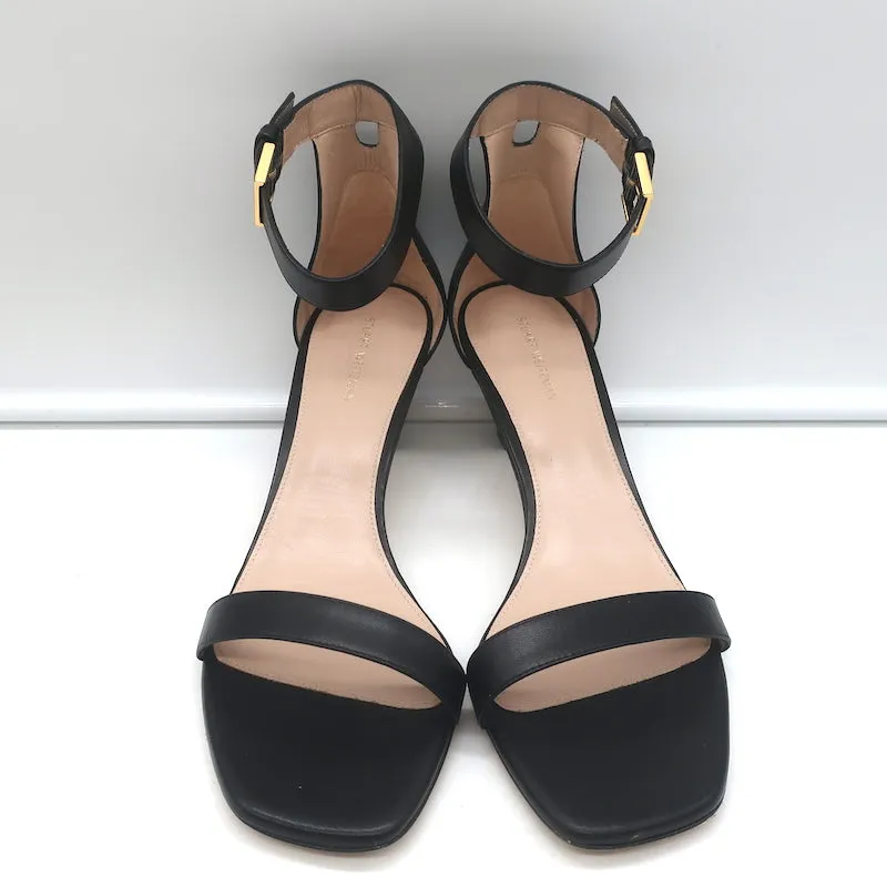 Stuart Weitzman Square Nudist Sandals Black Leather Size 9 Ankle Strap Heels NEW