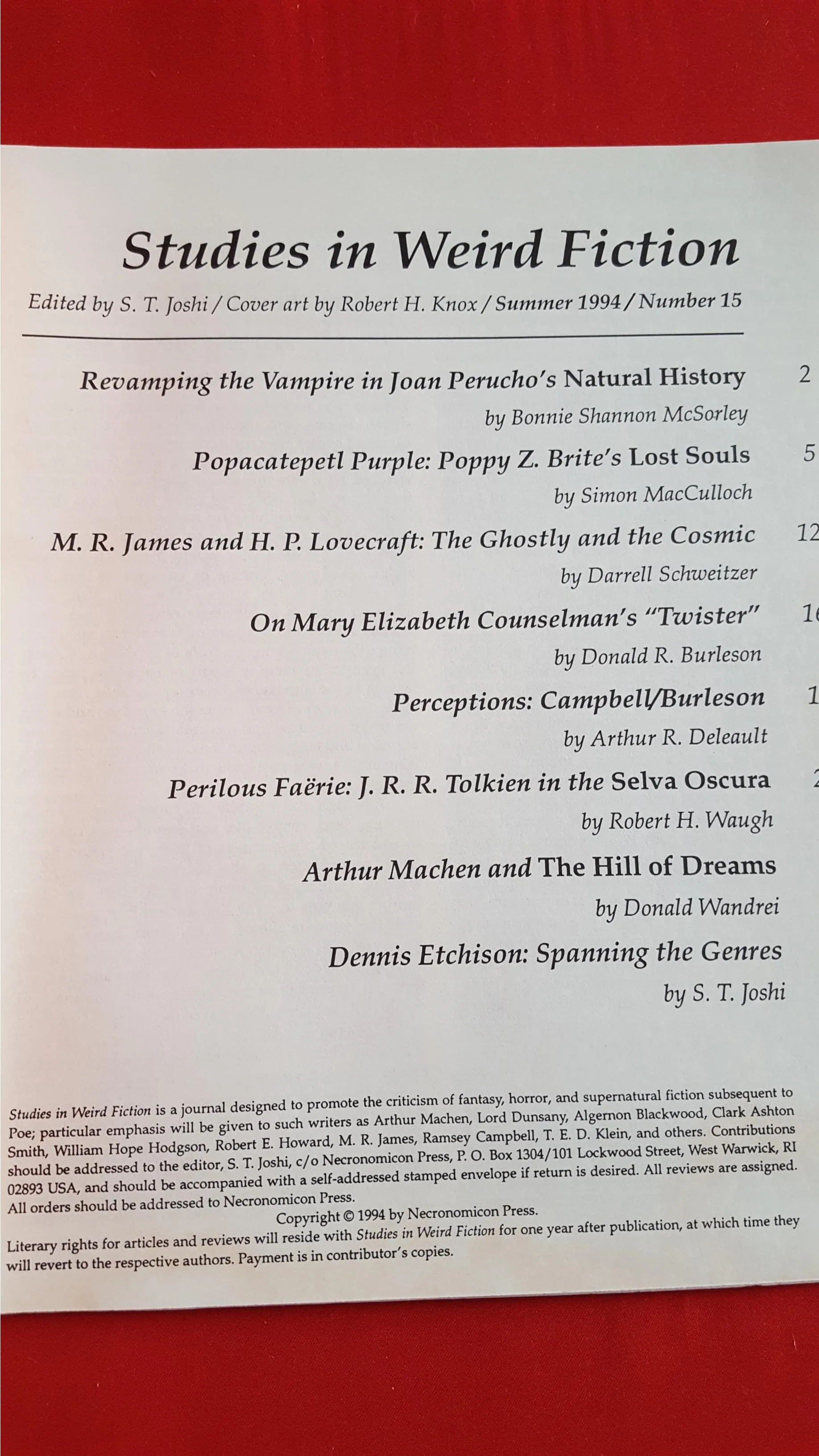 Studies In Weird Fiction 15, Summer 1994, Necronomicon Press