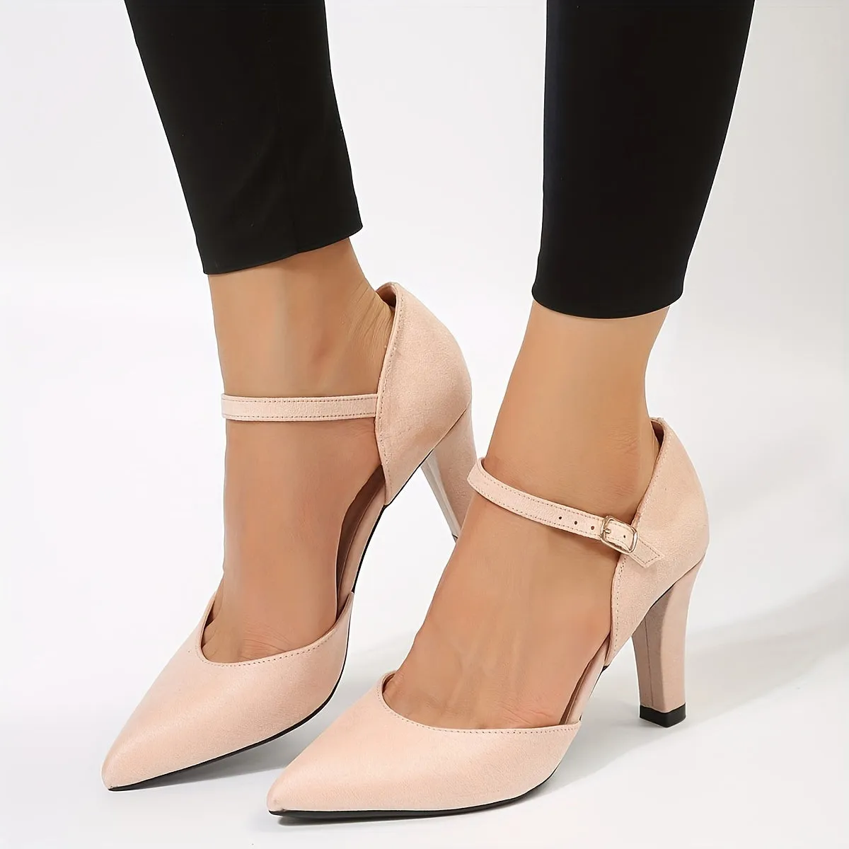 Stylish Solid Color Block Heels - Pumps with Pointed Toe, Buckle Strap, and Comfortable Design for Casual and Formal Occasions