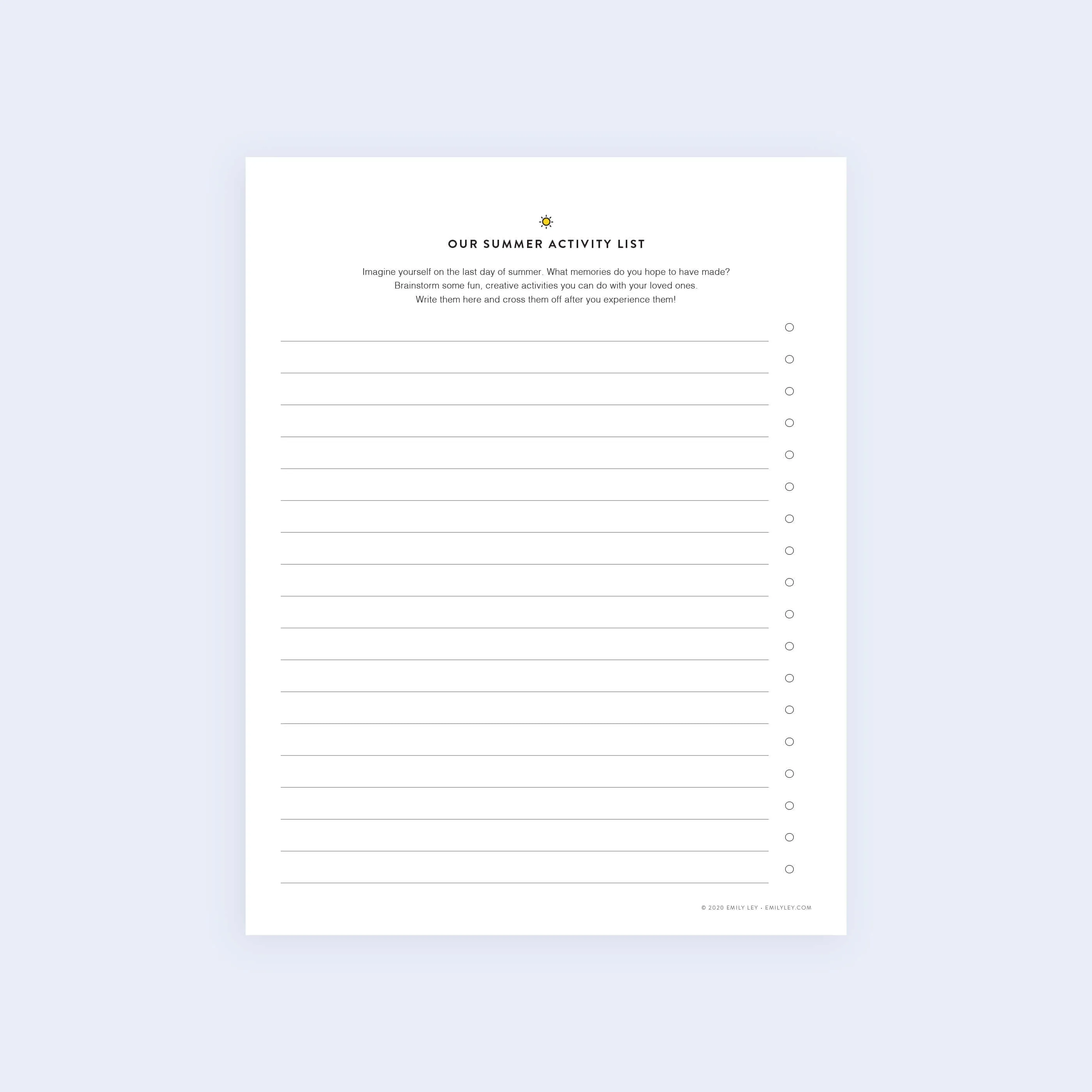 Summer Activity List - Printable