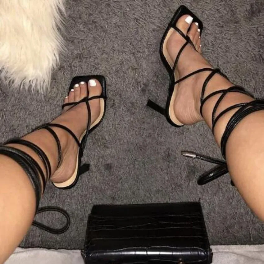 Summer White Black Sandals Cross-Tied High Heels Shoes Sexy Lace Up Party Pumps Shoes Size 35-42