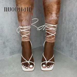 Summer White Black Sandals Cross-Tied High Heels Shoes Sexy Lace Up Party Pumps Shoes Size 35-42