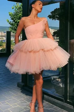 Sweet A Line One Shoulder Sleeveless Short Tulle Homecoming Party Dresses with Ruffles OHM094