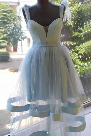Sweet A Line Sweetheart Tea Length Sleeveless Ruffles Bowknot Tulle Homecoming Party Dresss OHM095