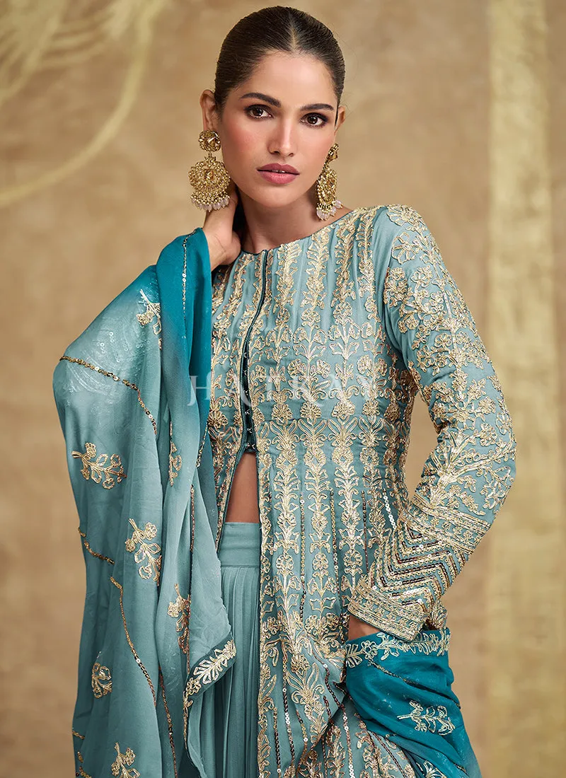 Teal Blue Ombré Embroidered Slit Style Anarkali Lehenga