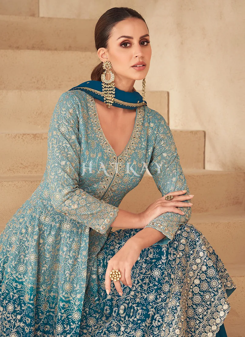Teal Blue Ombré Slit Style Anarkali Lehenga