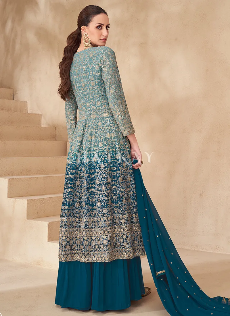 Teal Blue Ombré Slit Style Anarkali Lehenga