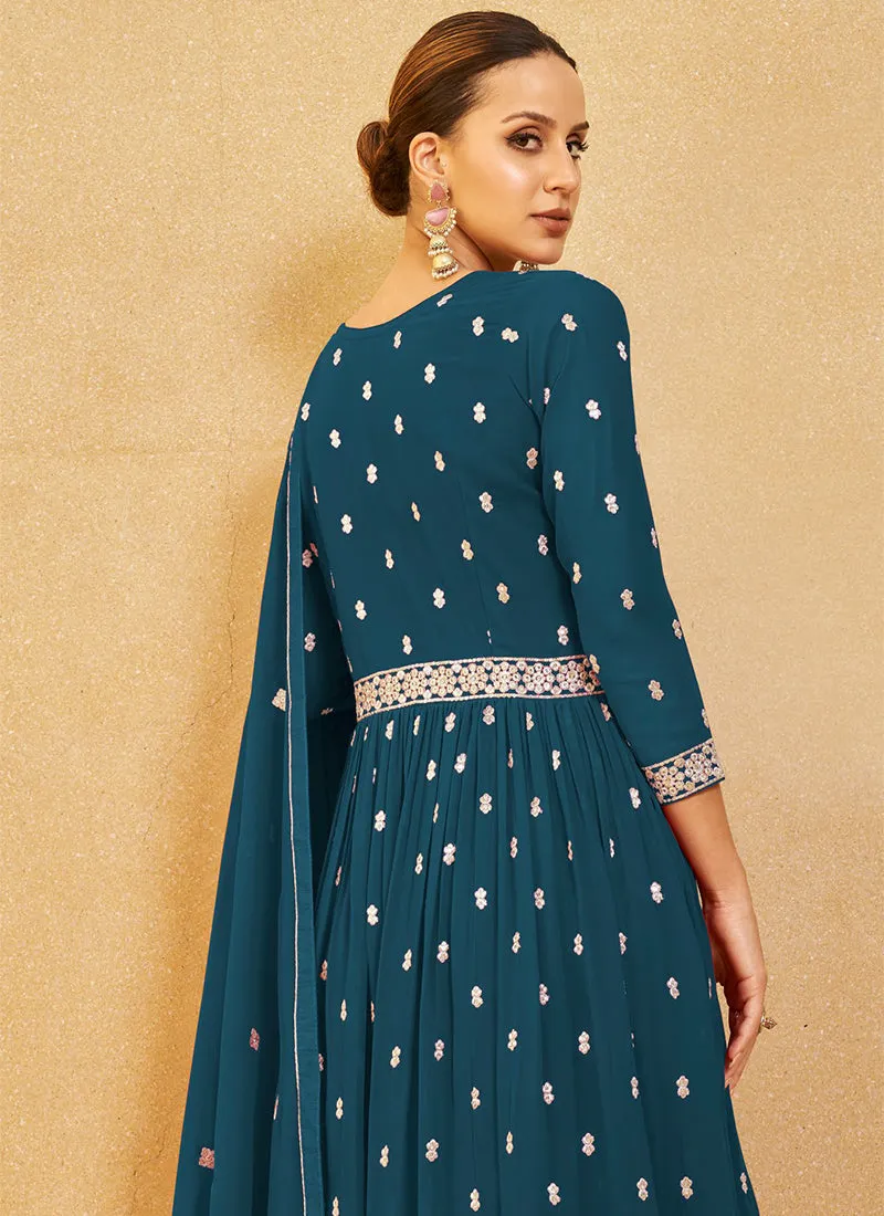 Turquoise Sequence Embroidery High Slit Palazzo Suit