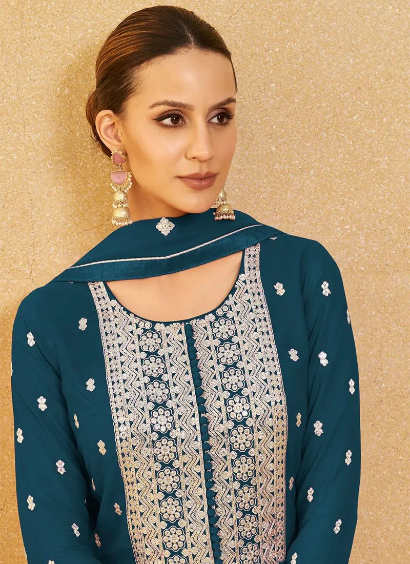 Turquoise Sequence Embroidery High Slit Palazzo Suit