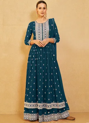 Turquoise Sequence Embroidery High Slit Palazzo Suit