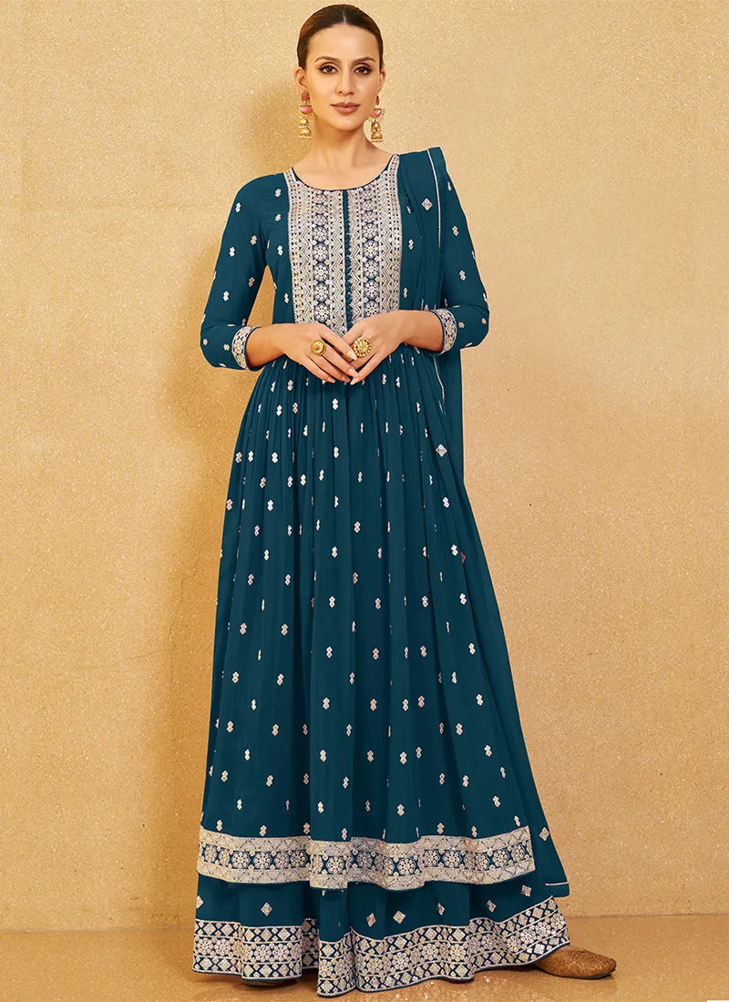 Turquoise Sequence Embroidery High Slit Palazzo Suit
