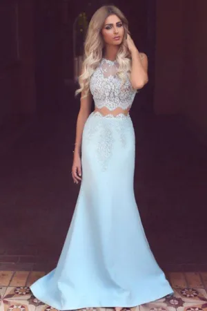 Two Piece Mermaid Jewel Sweep Train Light Blue Prom Dress with Lace L019