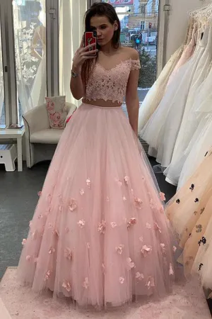 Two Pieces Off The Shoulder Sleeveless Lace Long Pink Tulle Prom Dress Party Dress OHC423