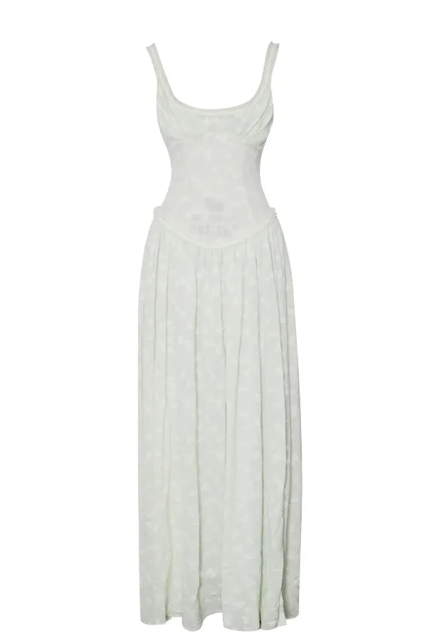 Ulissa Light Green Square Neck Jacquard Textured High Slit Maxi Dress