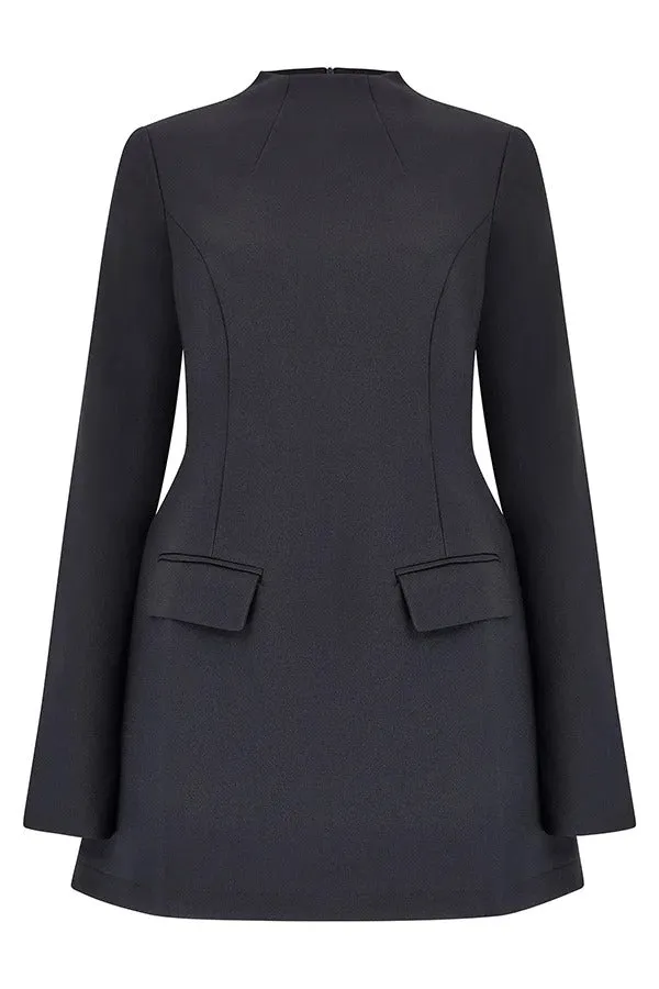 Ultimate Muse High Neck Long Slit Sleeve Flap Pocket Mini Dress