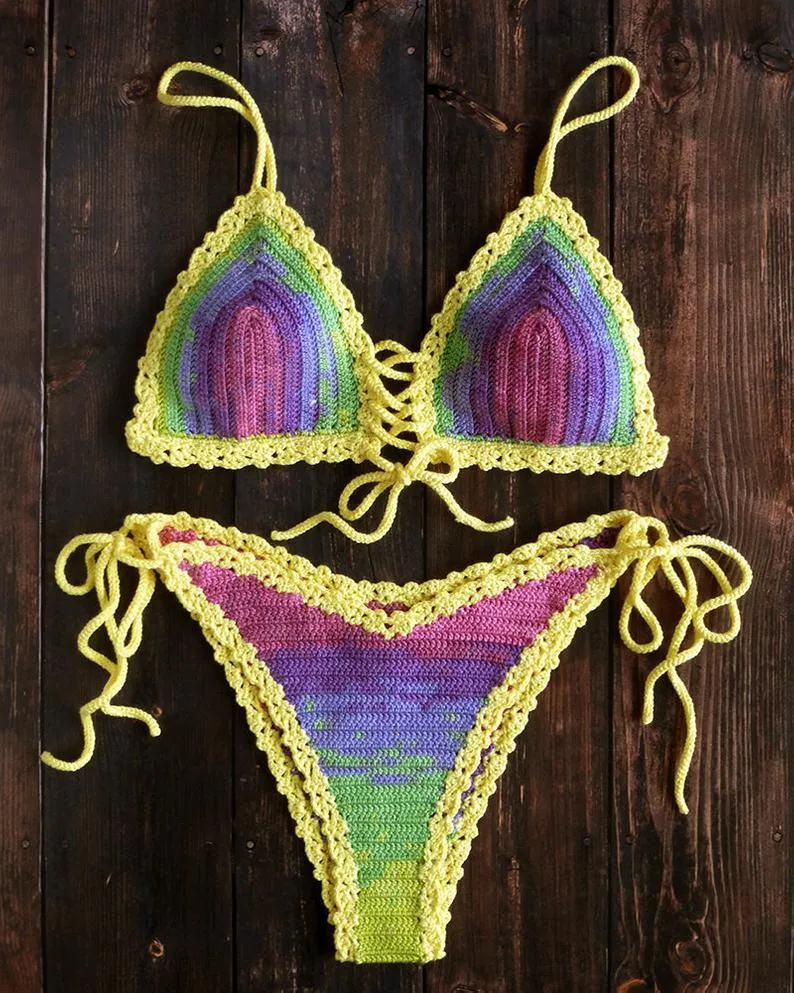 Umari Multicolor Tie Dye Cheeky Brazilian High Cut Crochet Bikini Set