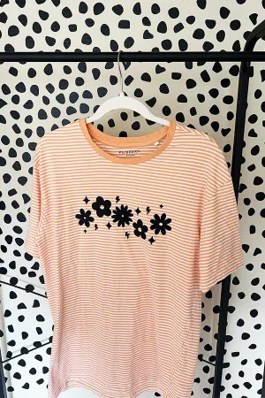 Upcycled Black Floral tee - orange and white striped