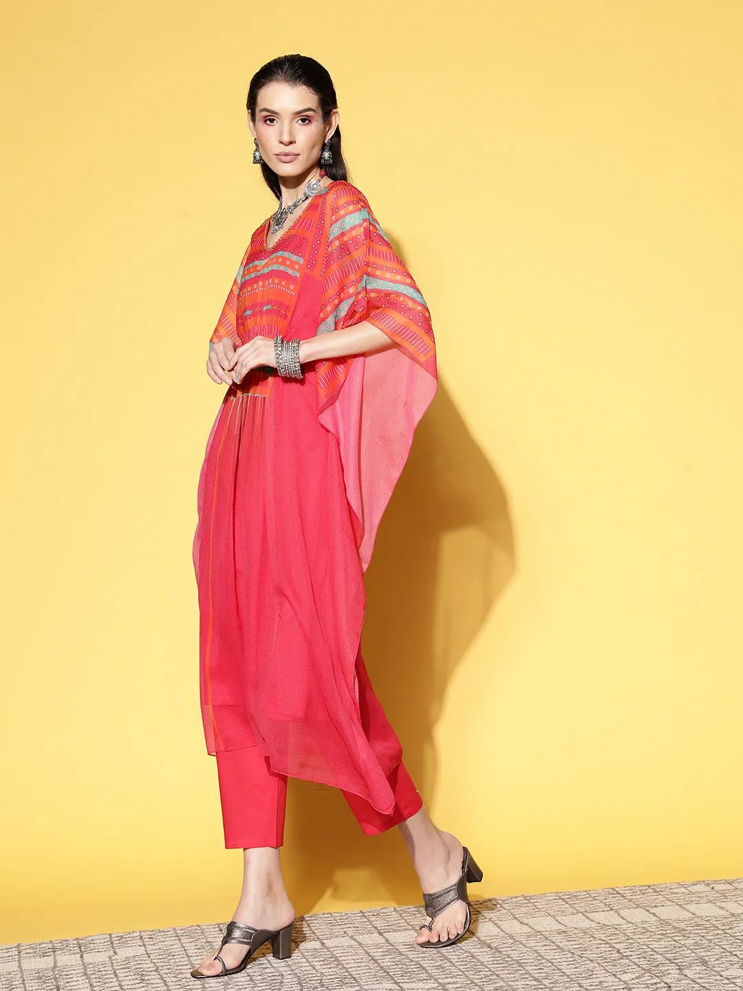 V Neck Chiffon All over Colorful Geometric Print Pink Fit & Flare Kaftan Set For Women - ZOLA